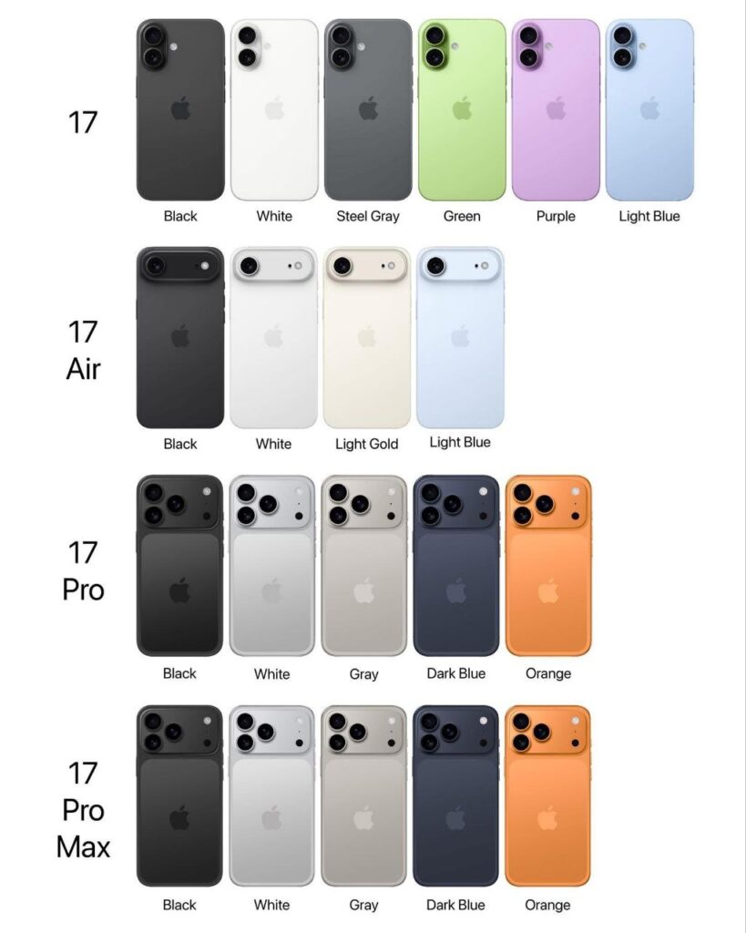Various iPhone 17 color options displayed